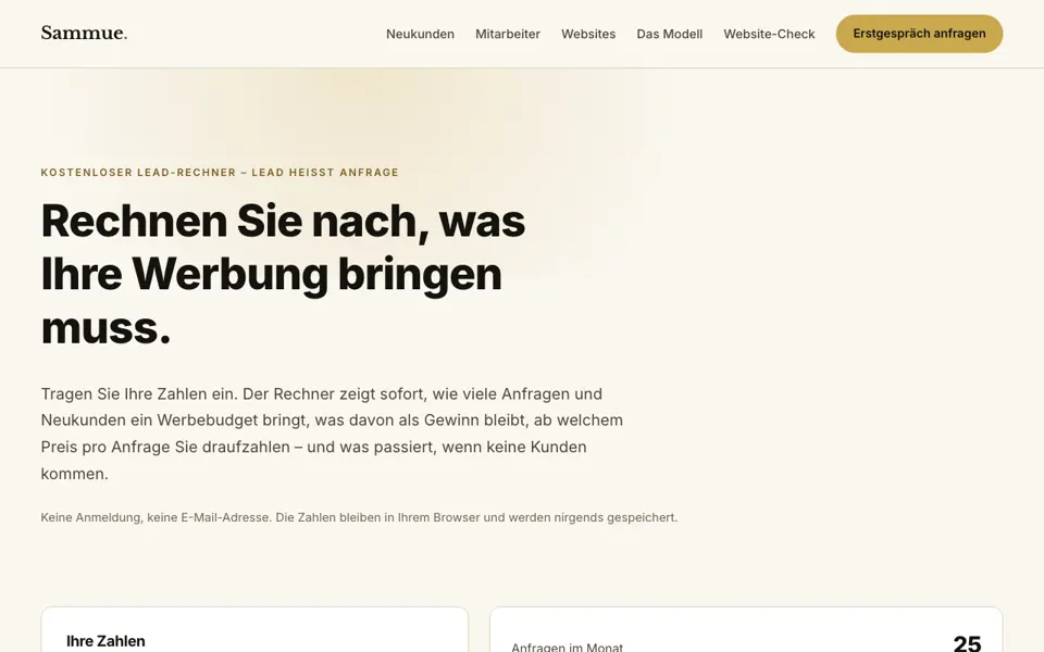 Bildschirmausschnitt: Lead-Rechner auf sammuemarketing.de