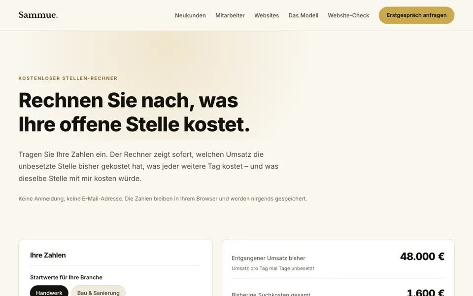Bildschirmausschnitt: Stellen-Rechner auf sammuemarketing.de