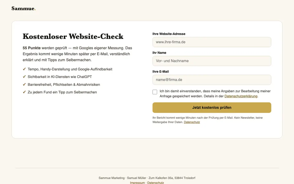 Bildschirmausschnitt: Website-Check auf sammuemarketing.de